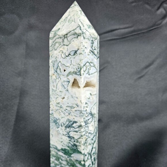 Green Moss Agate Tower With Druzy - Picture 1 of 8